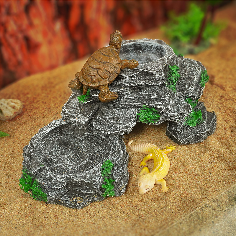 Tazón de alimentación de doble plataforma, plataforma de escalada de tortuga, plataforma de secado, cuenca de agua de tortuga de roca, plataforma flotante, villa de alimentación, paisaje