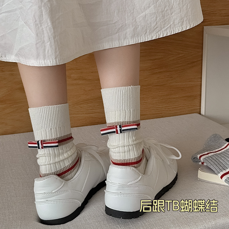 Calcetines de primavera y otoño, calcetines de mujer de doble aguja a rayas, moda, arco, calcetines, calcetines de mujer al por mayor