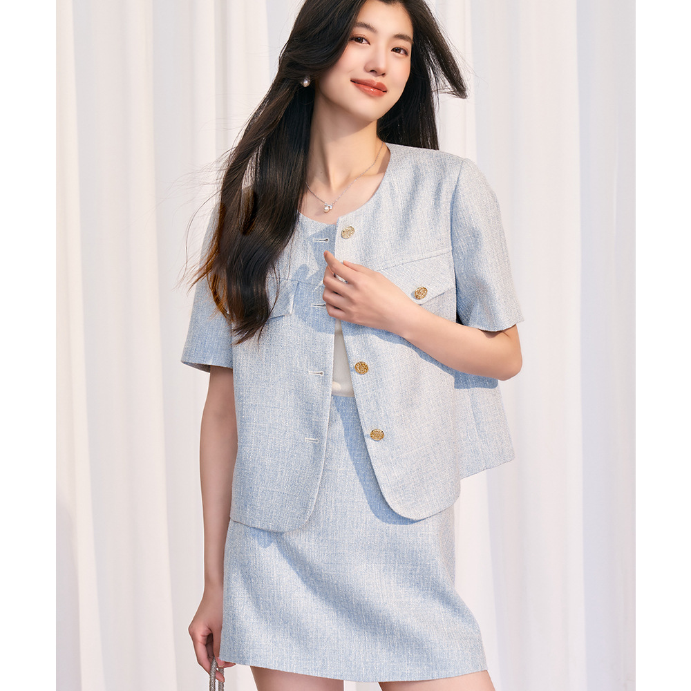 【盛都】 24夏新法式复古名媛风蓝色显白短袖小香风上衣外套套装