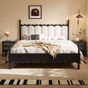 Solid Wood Bed French Cream Style Leather Bed Modern Simple Black Master Bedroom Retro Double Leather Soft Bed
