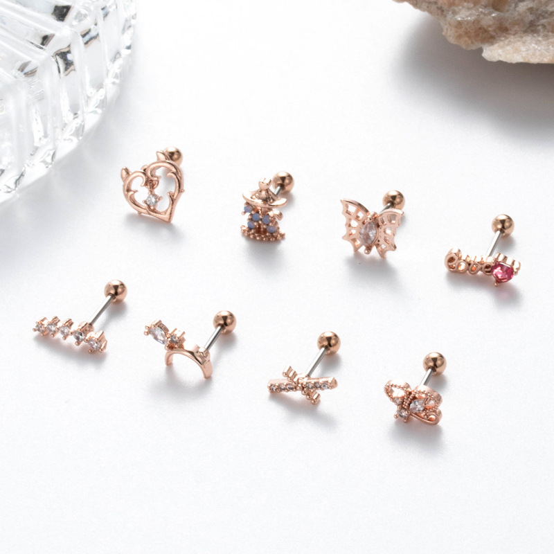 1 Piece Ear Cartilage Rings & Studs Streetwear Heart Shape Butterfly Copper Plating Inlay Zircon display picture 1