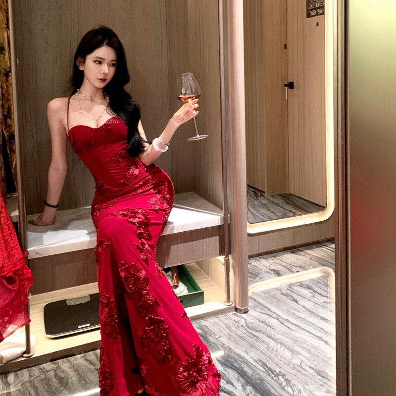 Sexy Backless Lace Embroider Slim Fit Hip Long Skirt Elegant Fishtail Suspender Dress Birthday Party Dress