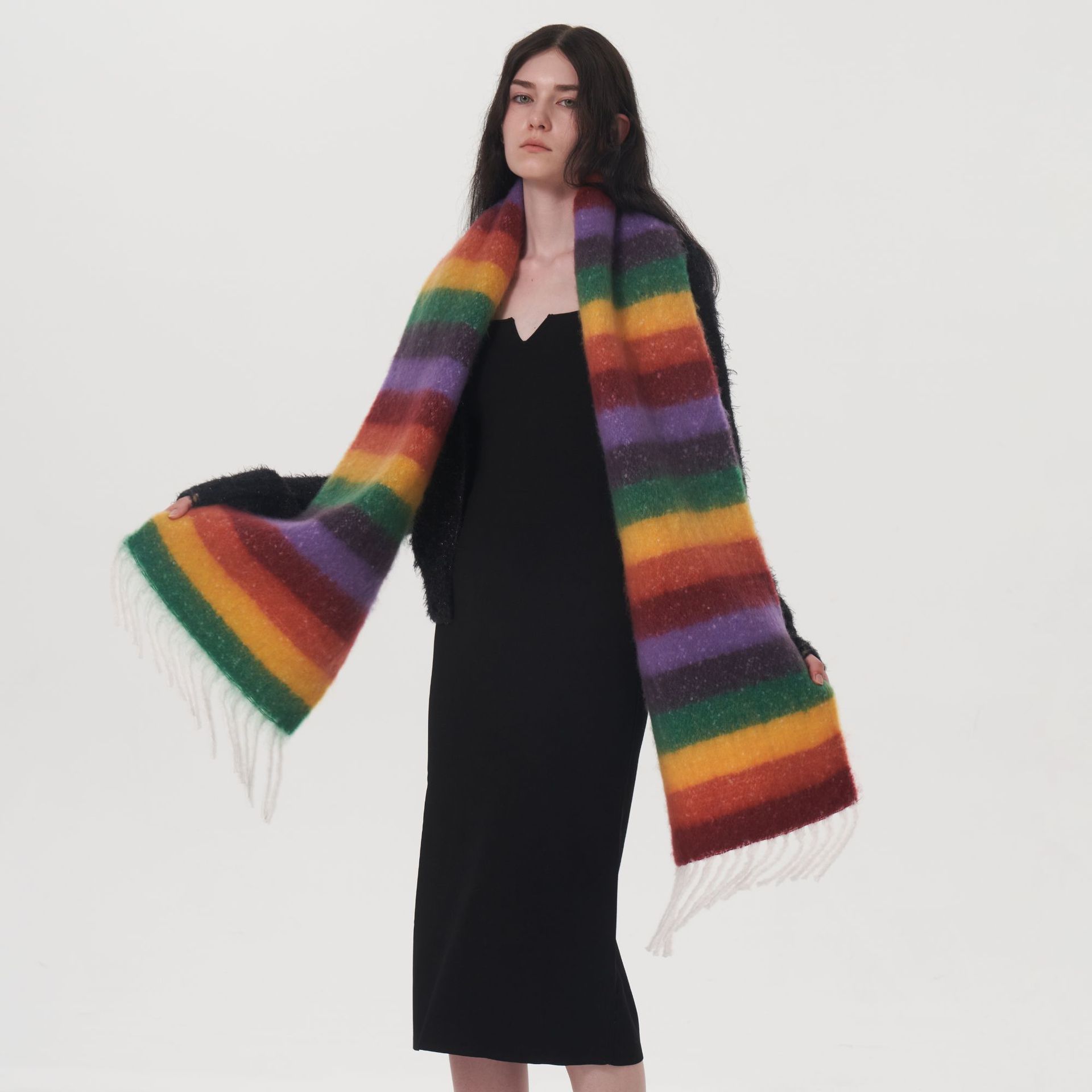Sciarpa scozzese a righe con nappe e strisce dopamine ac, calda e spessa, stile designer, nuova collezione autunno e inverno per donna_voghion.com