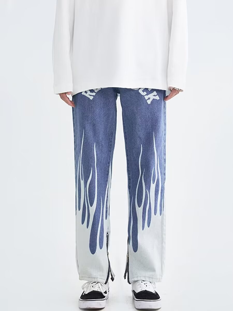 Men's Clothing Vibe Style Letter Jeans For Men With Side Zipper Design, Niche Hip Hop Street Rocking Slim Trousers_voghion.com