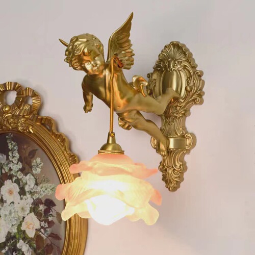French full copper angel wall lamp for antique living room, bedroom, study, corridor wall light, American retro light luxury crystal lighting