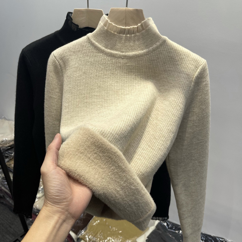KANING medio cuello alto forrado de lana engrosada suéter mujeres Otoño e Invierno borde de encaje de una pieza de terciopelo de punto camisa de fondo