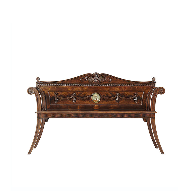 英式亞歷山大實木雕花雙人小長凳新古典烤漆手繪桃花心木古堡沙發