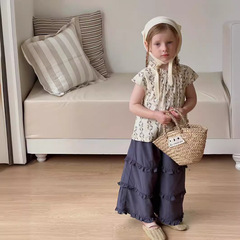 麥田季2024夏新款韓系女童碎花露背短袖襯衫T恤木耳邊棉布闊腿褲