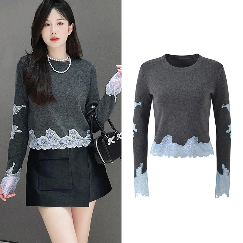 2025 Early Autumn New Design Gray and Blue Lace Splicing Wool Blend Slim-Fit Short Knit Sweater Top 2025 Early Autumn New Design Gray and Blue Lace Splicing Wool Blend Slim-Fit Short Knit Sweater Top