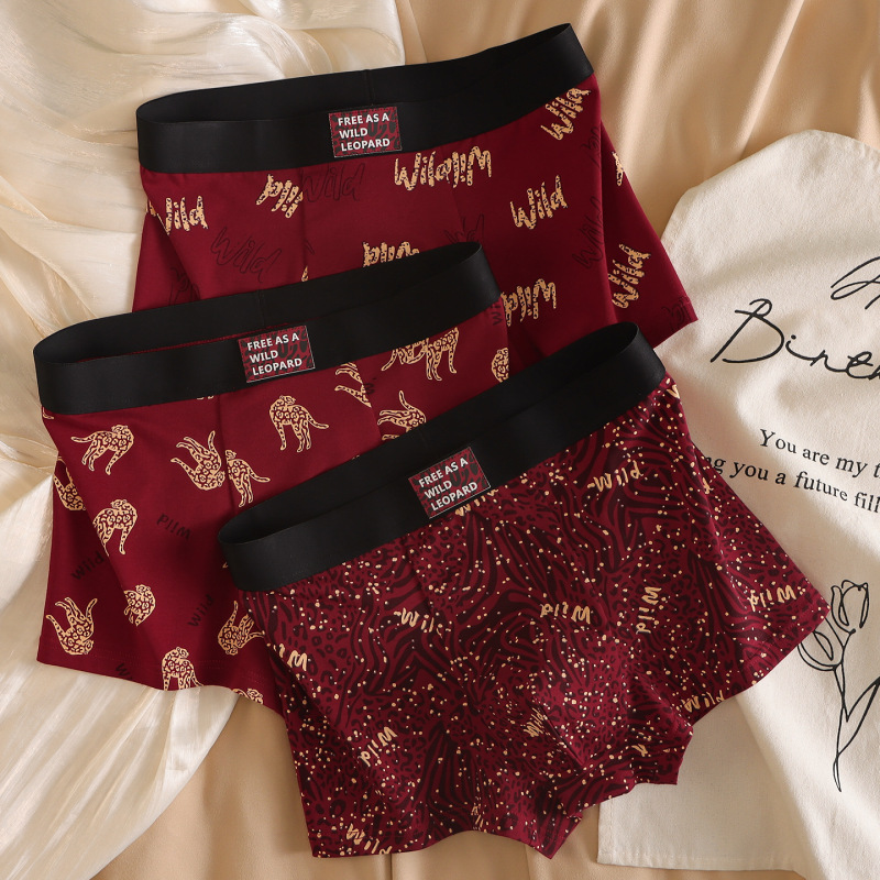 Leopard Print Men's Underwear for the Year of the Tiger, Pure Cotton, Soft, 2026 New Model, Red, Sexy, Mid-Waist Boxer Briefs for Men