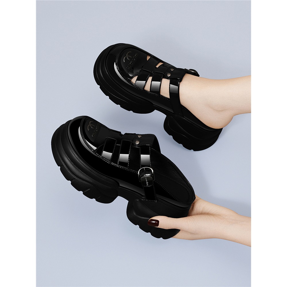 Dép sandal nữ quai chữ V đế xuồng dày 5 cm, phong cách La Mã, mũi kín, kiểu lười khoét lỗ — JST 7131 màu đen, JST 7131m màu