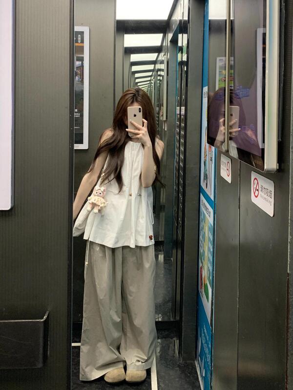 设计感小众休闲运动套装女夏季无袖抽绳上衣薄款工装阔腿裤两件套|undefined