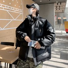 白色pu皮棉服男2023冬季新款立领面包服潮牌加厚棉衣棉袄夹克外套