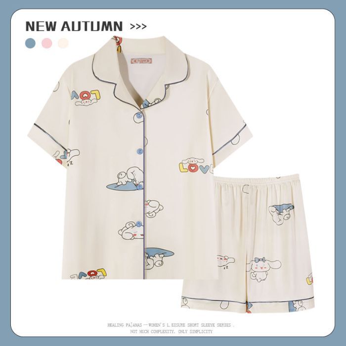 Venta al por mayor transfronteriza 180g pijamas de algodón de imitación mujeres rebeca de verano de manga corta traje de ropa de casa de dibujos animados lindo