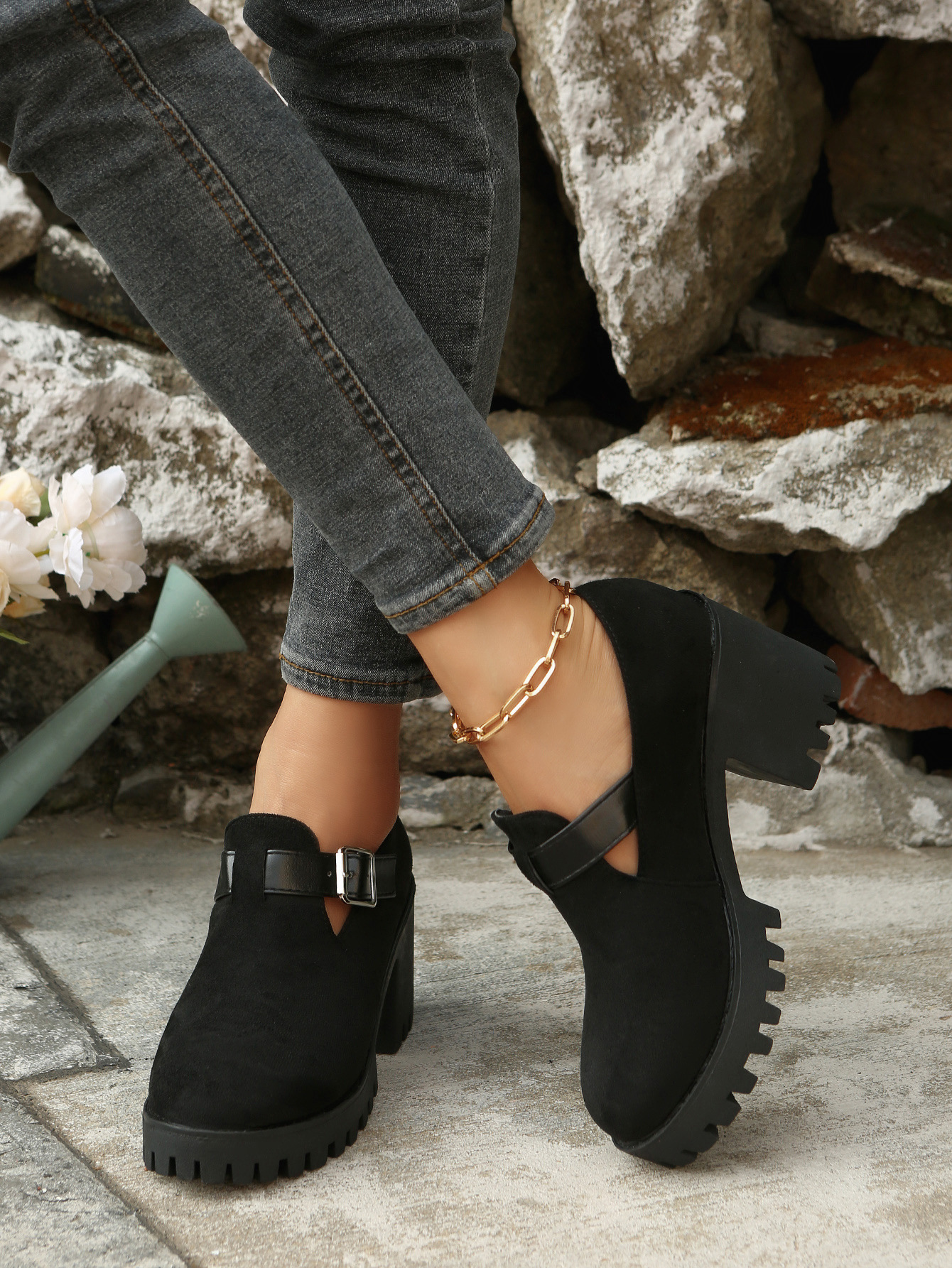 Damen Pumps Mit Blockabsatz Und Schnalle Aus Wildleder Für Damen_voghion.com