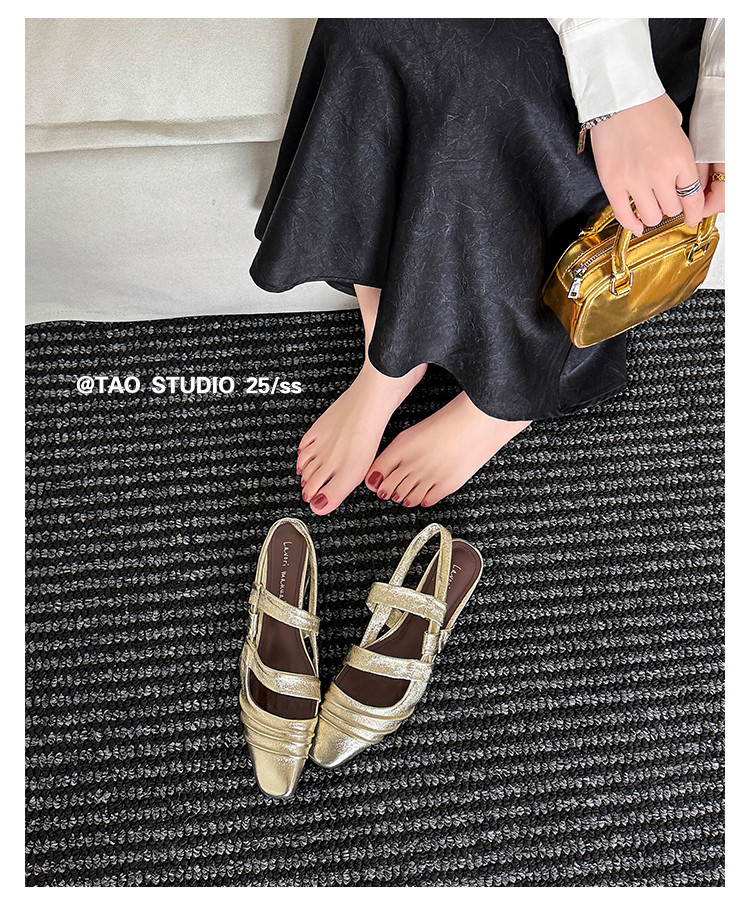 Sandal nữ quai sau hở lưng mũi vuông gót vuông da thật — vàng, Tím, bạc chi tiết 14