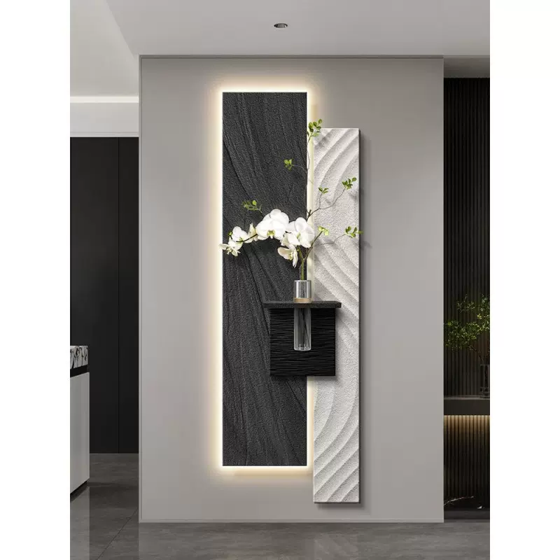 花瓶水培绿植装饰画简约侘寂风入户玄关挂画立体砂岩黑白走廊壁画