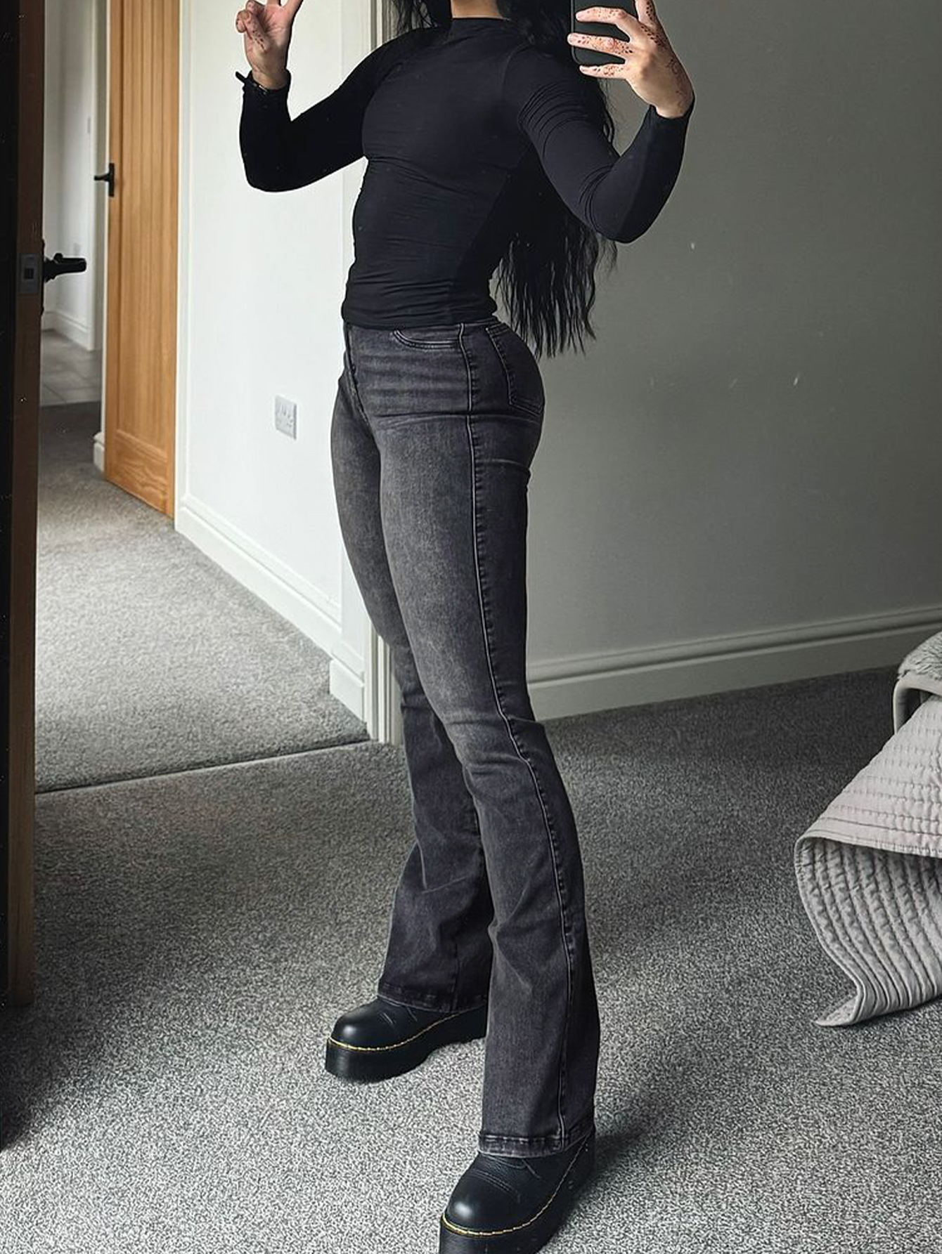 Women's Grey Stretch Flared Jeans High Waisted Vintage Bootcut_voghion.com