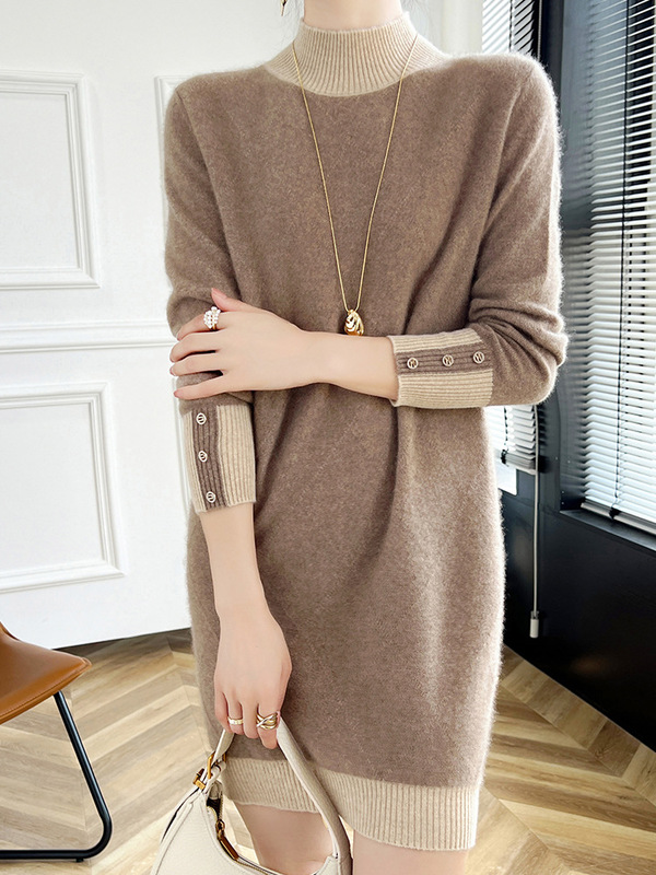 2024 New Autumn and Winter Round Neck Mid-Length Wool Knitted Dress Contrasting Color Loose Cashmere Long-Sleeved Sweater for Women