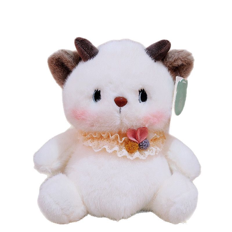 Linda mesa de puff de leche con adornos de muñecas, juguetes de peluche con muñecas, pequeños perros de leche, gatos de leche, regalos de cumpleaños para niños