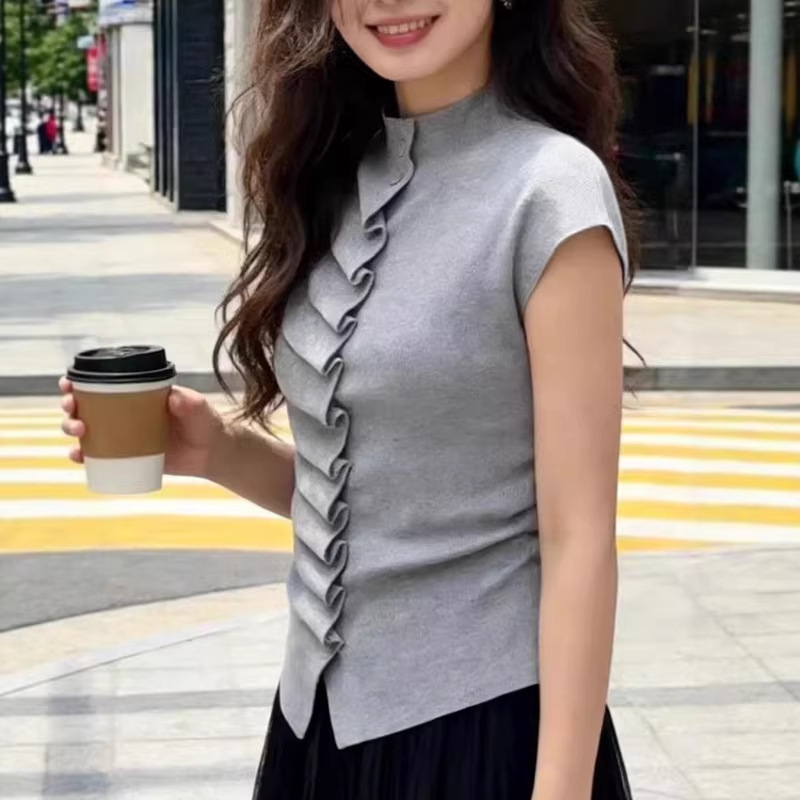Dongguan Dalang New Style Tight-Fitting Ruched Women's Mock Neck Sleeveless Cardigan with Three-Quarter Flutter Sleeves, Popular Top Dongguan Dalang New Style Tight-Fitting Ruched Women's Mock Neck Sleeveless Cardigan with Three-Quarter Flutter Sleeves, Popular Top