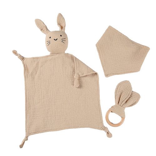 Amazon Baby Pure Cotton Gauze Animal Soothing Towel and Bib Set with Beech Wood Rabbit Ear Teether - 3-Piece Set