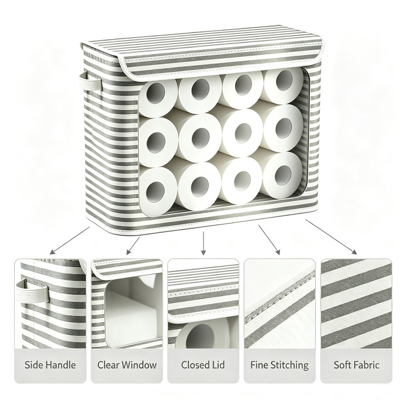 New Transparent Visible Stripe Storage Box with Lid, Dust-Proof Bathroom Tissue Storage Box, Foldable Storage Box