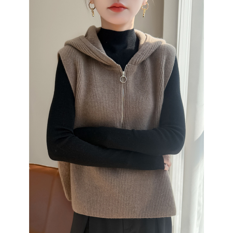 New zippered half-collar knitted vest for women, sleeveless hooded collar cardigan, short sweater top