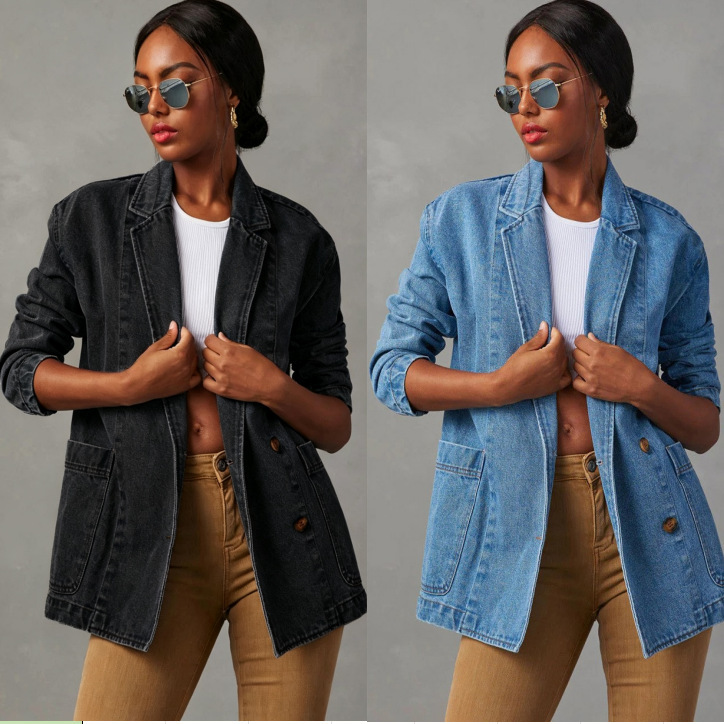 Cross-Border European and American Cross-Border Amazon Fashion Versatile Casual Jacket Washed Blue Denim Women's Suit Jacket