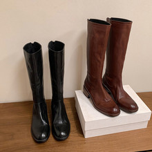 头层牛皮骑士靴女擦色靴子冬新款真皮圆头粗跟中跟后拉链及膝靴女