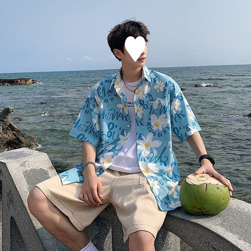 Summer Padded Trend Floral Shirt for Men and Women, Couple's Hawaii Home Loose Style Hooded Short Sleeve Youth Trend Shirt