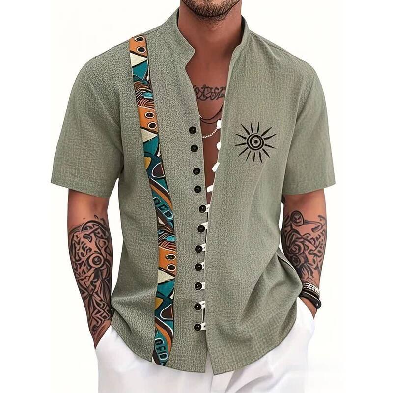 Cross-Border Amazon Independent Site Ethnic Breathable Style Fashion Retro Men's Short-Sleeved Shirt with 3D Digital Print