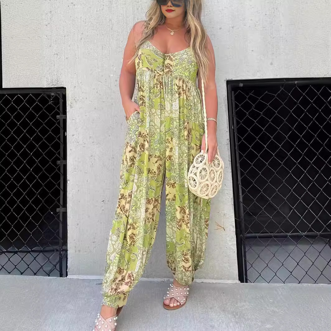 Mono holgado de tirantes con estampado de moda y cintura alta para mujer, el más vendido de Amazon Wish.