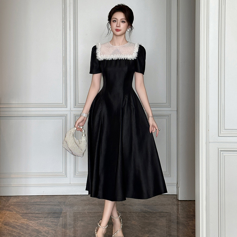Váy maxi nữ thắt eo kiểu Hepburn thanh lịch, dáng xòe eo thon — Màu đen