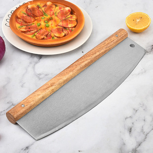 Cross-Border Stainless Steel Pizza Knife Baking Tool Dough Knife Pizza Scimitar Wooden Handle with Knife Cover Half Moon Pizza Cutter
