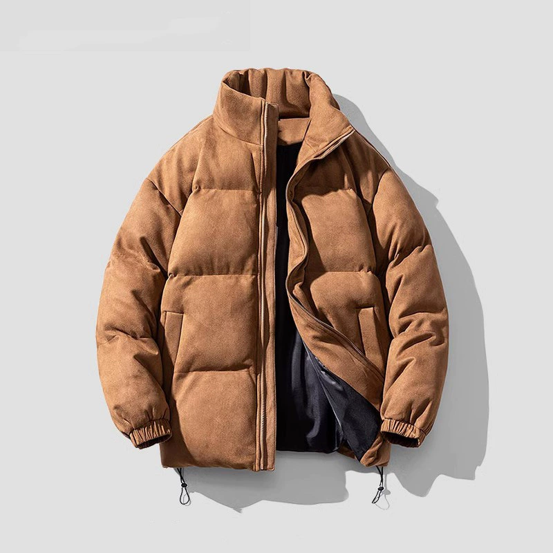 Модная брендовая замшевая куртка с хлопковой подкладкой, Мужская зимняя винтажная свободная повседневная куртка с воротником-стойкой, модная подходящая пуховая куртка с хлопковой подкладкой для мужчин