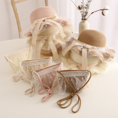 Children's Spring and Summer Straw Hat Sunproof Hat Summer Princess Hat Bag Set Beach Hat Sun Hat Girls