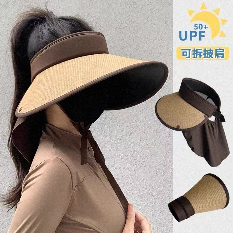 Black Rubber Empty Top Sunscreen Hat Women's Summer Anti-cycling Neck Protection Increased Hat Brim Straw Wrap-around Foldable Sunshade Hat