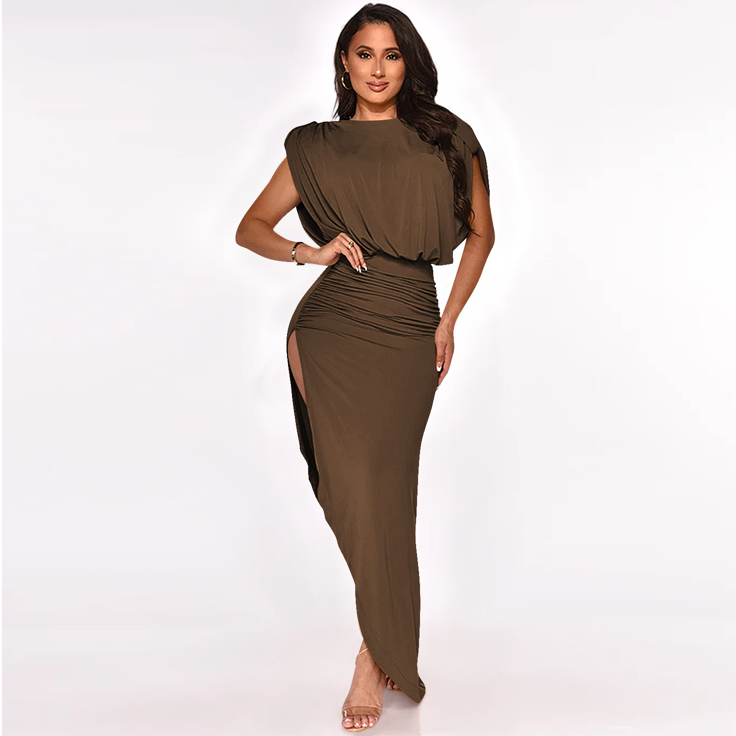 Round Neck Sleeveless Folds Irregular Slit Dress NSXYZ90201