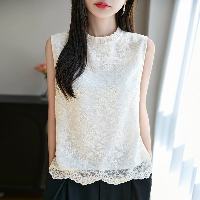 Фабрика оптом 2025 весна и лето новый деревянный ушной воротник кружевной вышивкой трикотаж дикий жилет без рукавов женский спот