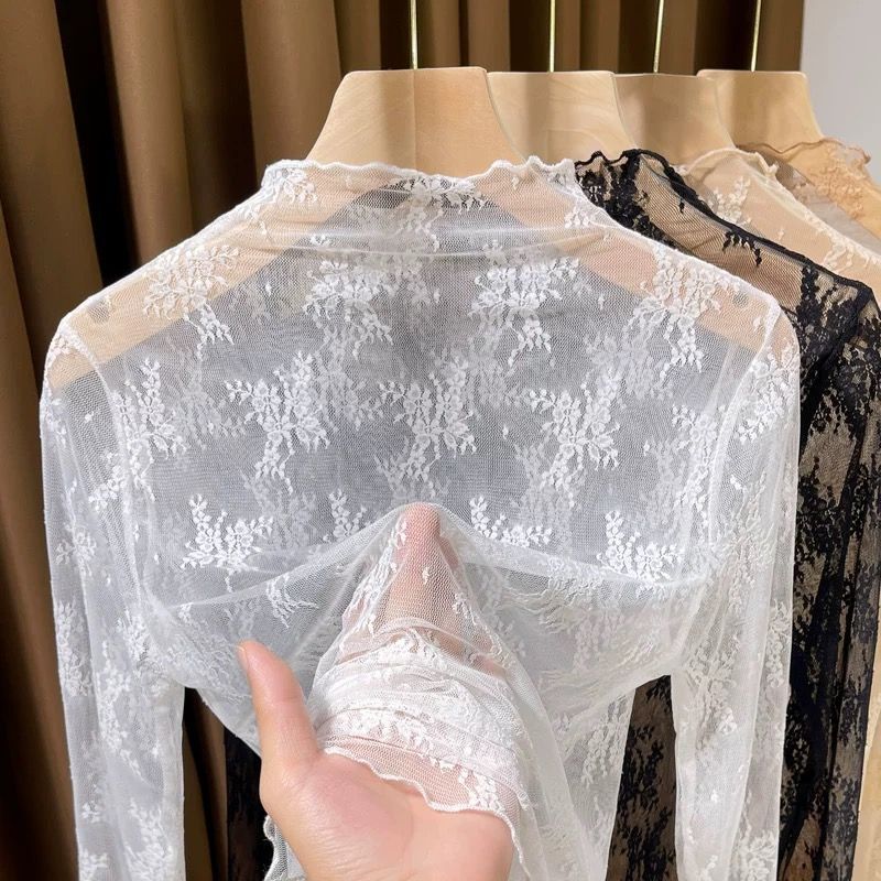 High-end lace-trimmed base layer top for women, summer 2026, see-through tulle top, high neck mesh top.