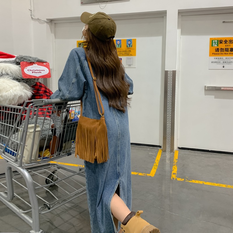 Retro blue autumn denim dress