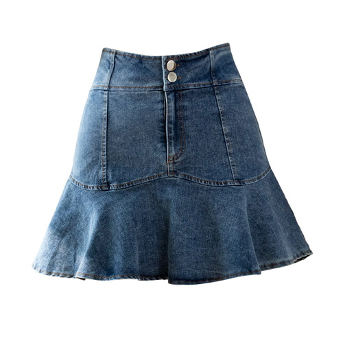 mini denim skirts female summerHigh Waist Pleated Skirts  falbala package hip tail small a word skirt pleated skirt