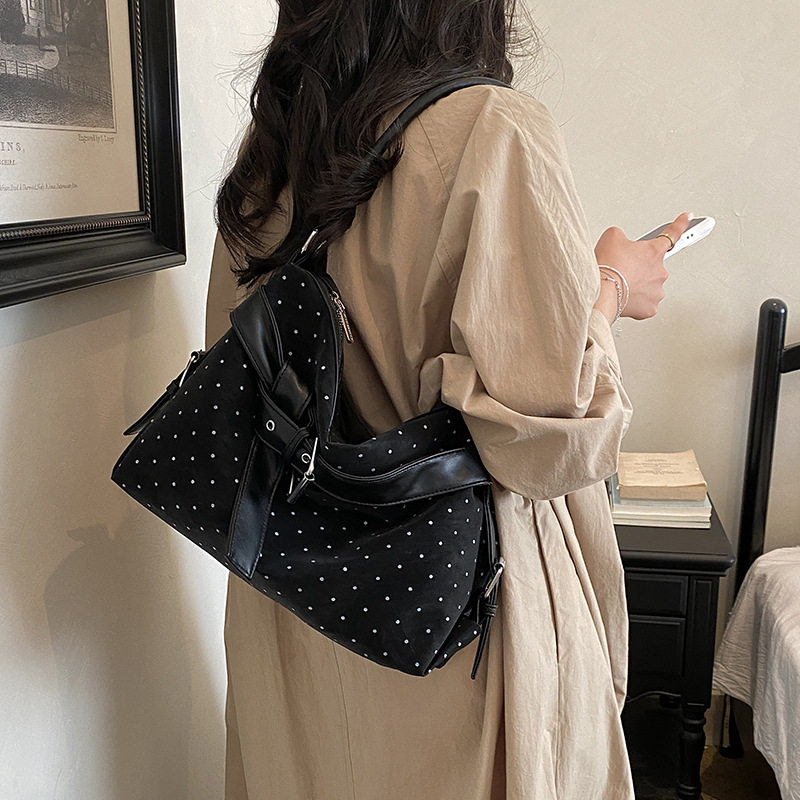 Túi tote nữ họa tiết chấm bi cỡ lớn, túi đeo vai và đeo chéo dung lượng lớn — màu cà phê, màu hồng, màu nâu, đen chi tiết 24