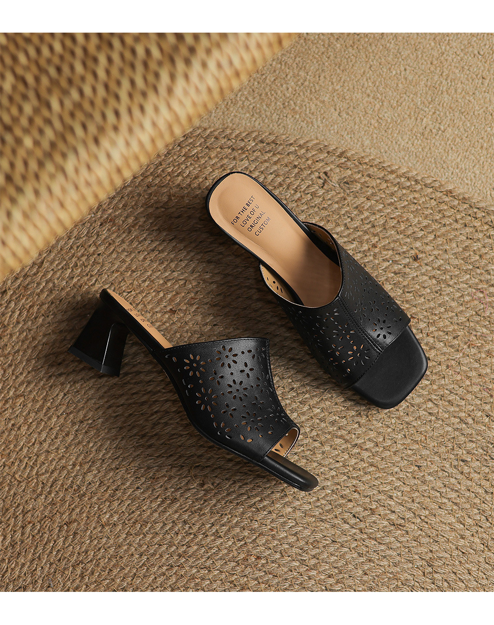 Sandal cao gót nữ hở mũi quai ngang da bò đục lỗ, gót 5 cm — đen chi tiết 16