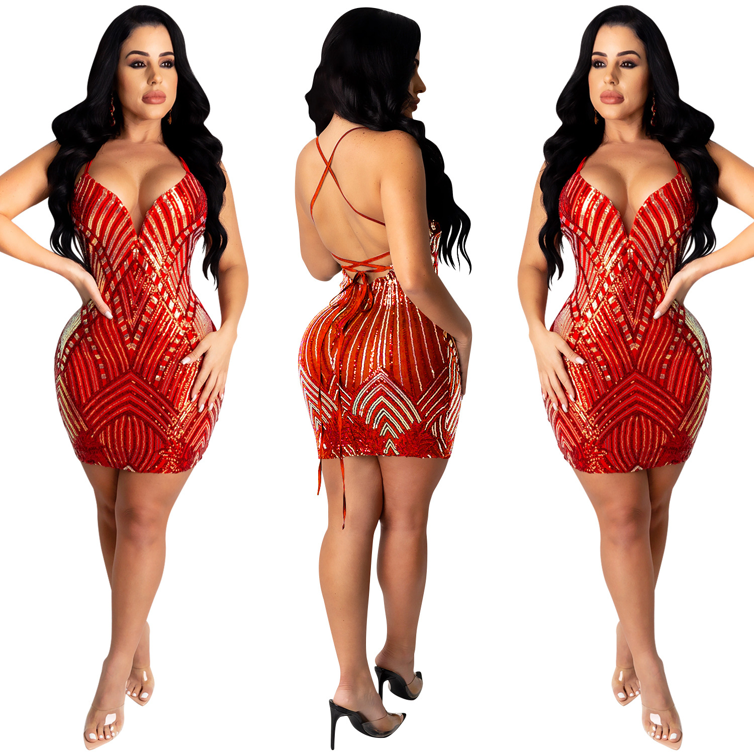 women's sequin suspenders V-neck dress nihaostyles clothing wholesale NSXYZ78221