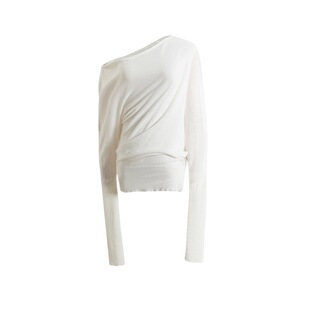 Hot Girl Design Sense Slant Shoulder Long-Sleeved Cuffer Knit Sweater Women's Summer Irregular Pleated Sunscreen Top