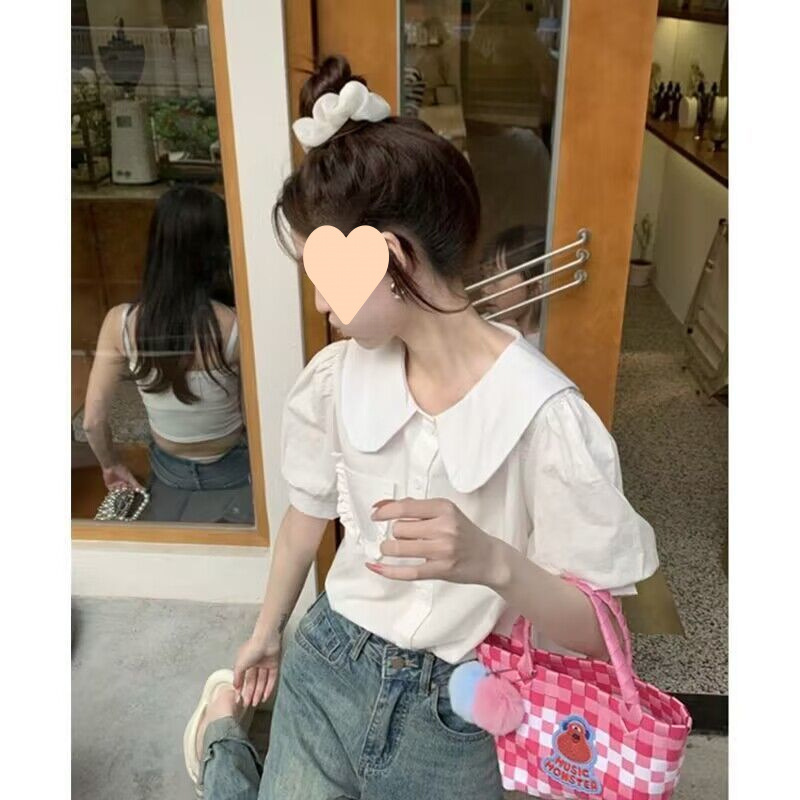 女性のためのフレンチレトロ半袖シャツ、夏の新しいスタイル、年齢を減らす、美しいシャツ、気質、ベビーカラーのシャツトップ|undefined