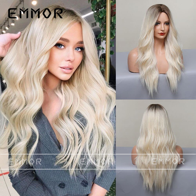 Elegant Goddess Wig Medium Gradient Golden Large Wave Long Curly Hair High Temperature Silk European and American Wig Women's Headgear