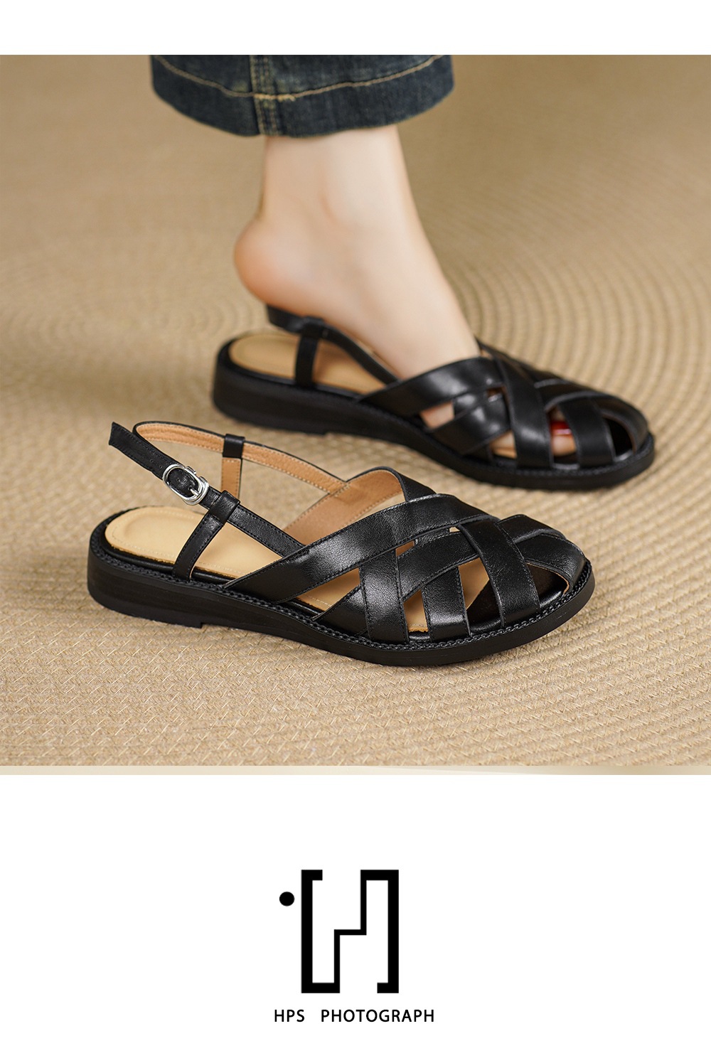Dép sandal nữ mũi nhọn da bò quai chữ v gót thấp — màu be chi tiết 12